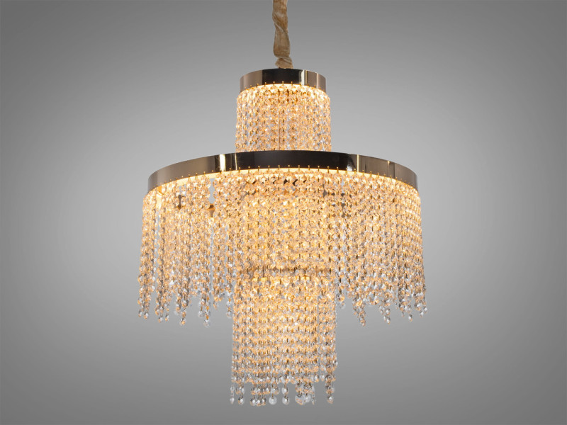 Кругла кришталева люстра LED золотиста з двома рівнями підвісок 100w