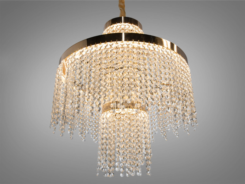 Кругла кришталева люстра LED золотиста з двома рівнями підвісок 100w