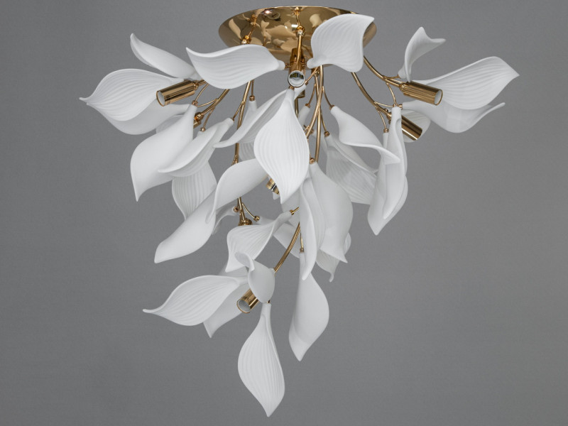 Люстра з фарфоровими елементами, Люстра "Квітка" 10 ламп, золотиста