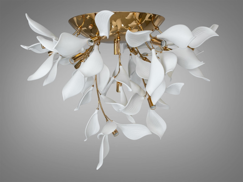 Стельова люстра з фарфоровими елементами, 16 ламп, золотиста