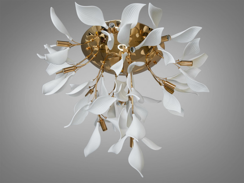 Стельова люстра з фарфоровими елементами, 16 ламп, золотиста