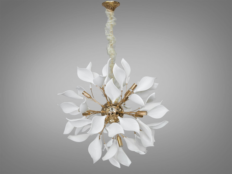 Підвісна люстра з фарфоровими елементами, 18 ламп, основа - золотого кольору