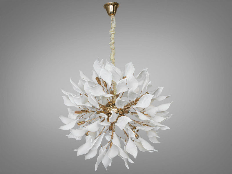 Підвісна люстра з порцеляновими елементами, 40 ламп, золотоиста