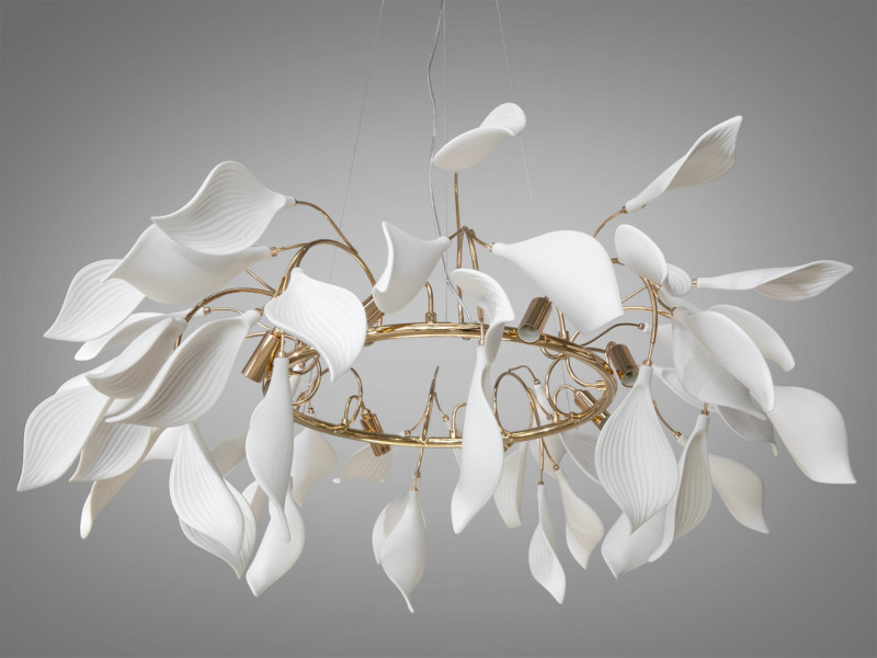 Підвісна люстра з порцеляновими елементами, 8 ламп, золотиста