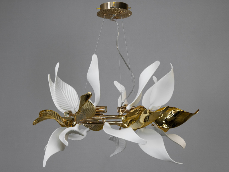 Підвісна люстра з порцеляновими елементами, 6 ламп, золотиста