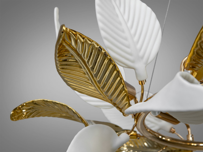 Підвісна люстра з порцеляновими елементами, 6 ламп, золотиста