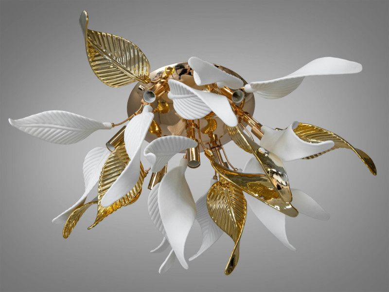 Стельова люстра з фарфоровими елементами, 7 ламп, золотиста