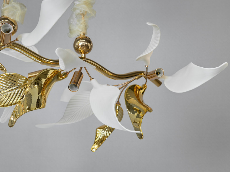 Підвісна фарфорова люстра витягнутої форми, 8 ламп, золотиста