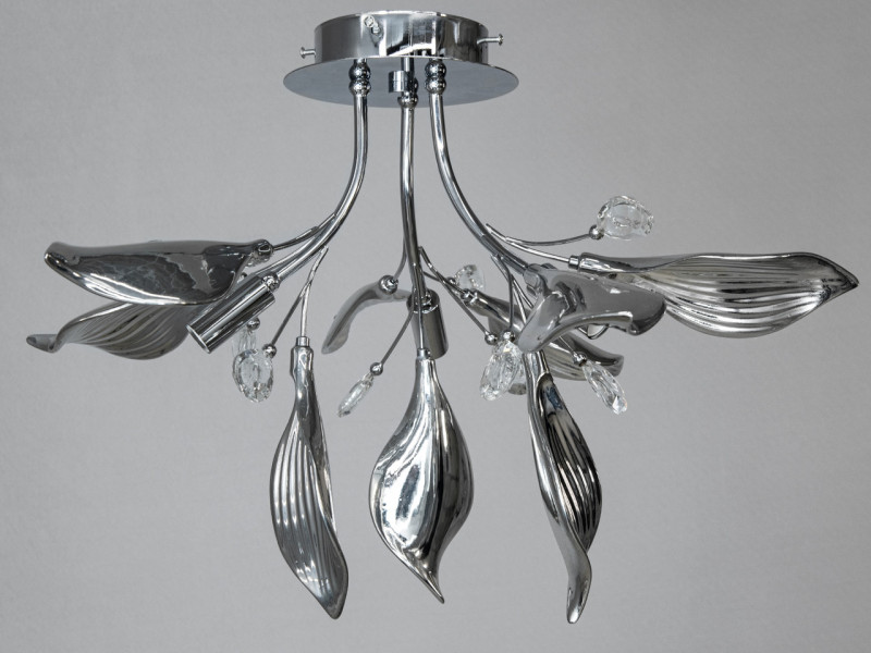 Стельова керамічна люстра в вітальню, 3 лампи, хром