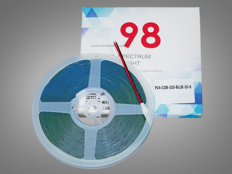 COB LED стрічка 24В, 320 діодів на метр, 8мм, блакитний